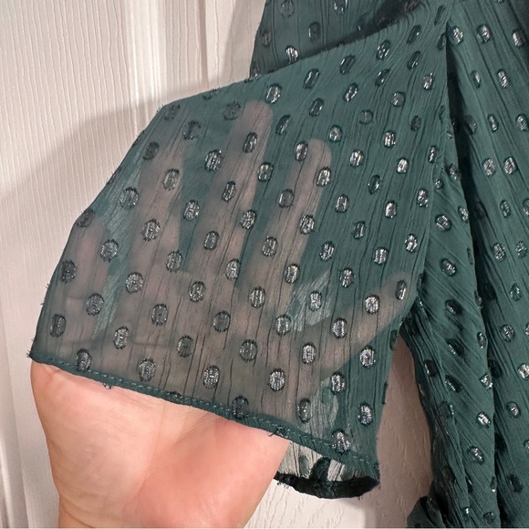 Tommy Hilfiger sz 14 emerald green chiffon dress, metallic polka dots, hi/lo - Picture 5 of 14